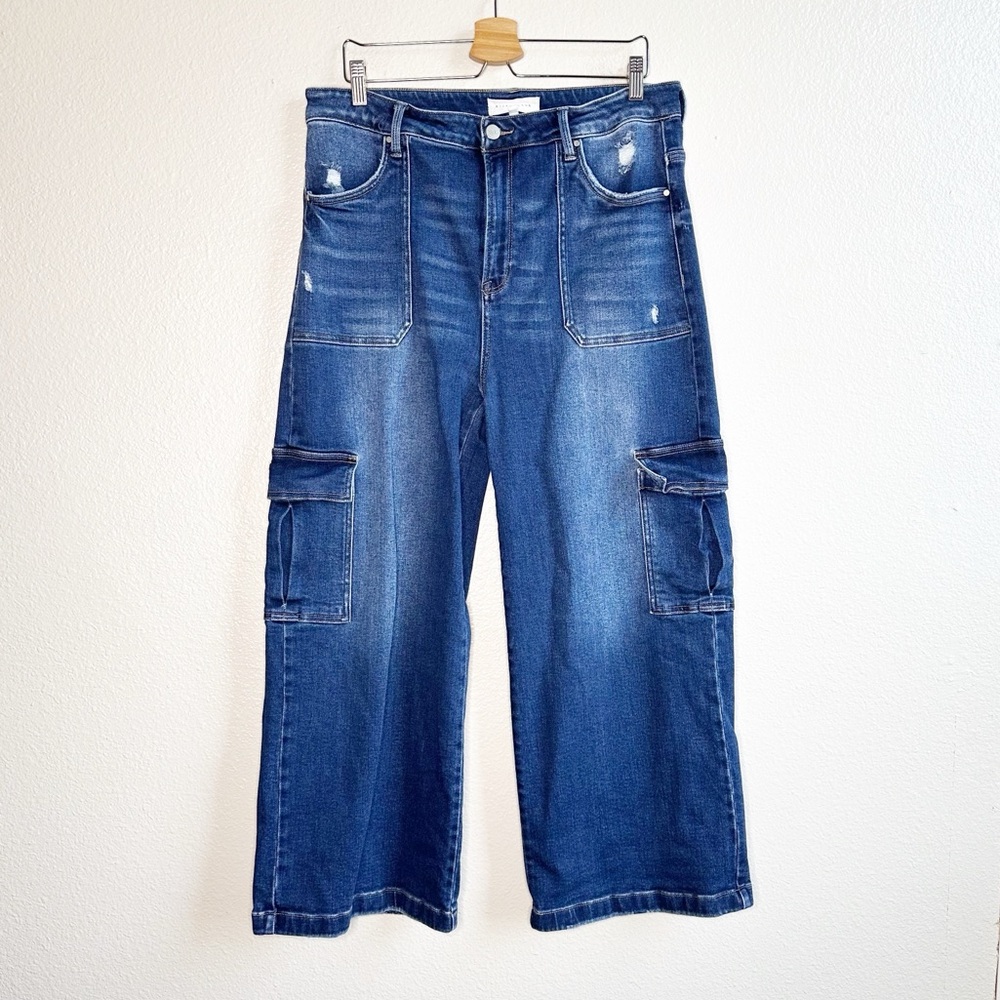 RISEN High Rise Cropped Wide Leg Ankle Pant Blue Women’s Size 1XL - Picture 2 of 11